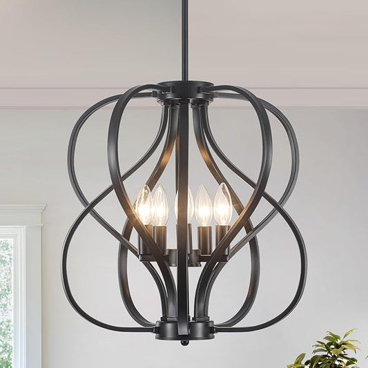 18.5 inch Modern Farmhouse Chandelier for Dining Room, 5-Light Black Chandelier with Metal Cage Adjustable Industrial Drum Hanging Pendant Lights for Kitchen Island Entryway Hallway Bedroom Foyer
