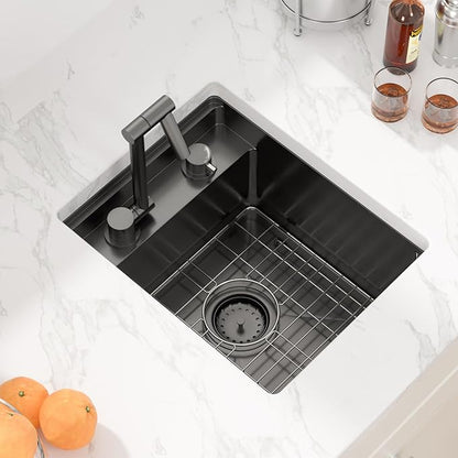 Sarlai Undermount Bar Sink, 15x18 Inch Undermount Outdoor Sink Workstation with Foldable Faucet Bar Prep Single Bowl Gunmetal Black 16 Gauge Stainless Steel Sinks with Cover BBQ Sinks Outside