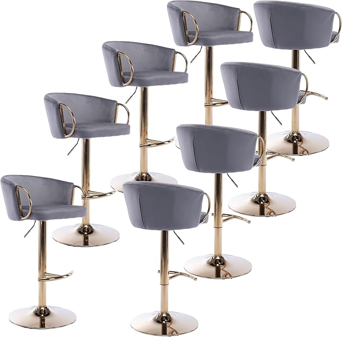 Rhomtree 24-32 Inch Swivel Bar Stools, Adjustable Counter Height Barstools with Gold Stable Metal Frame Footrest, Upholstered Bar Chairs for Home Bar Kitchen Island(Gray Set of 8)