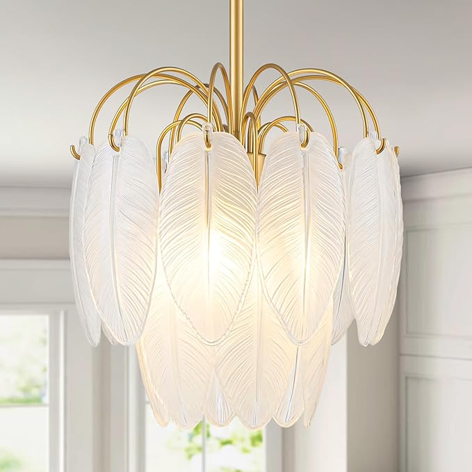 LumFurn D12inch 3-Light Glass Chandeliers, Modern 2-Tier Pendant Light Fixture for Dining Room, Living Room, D12x18~47Inch Adjustable Height, White Frosted Glass Feather Shade & Gold Finish Frame