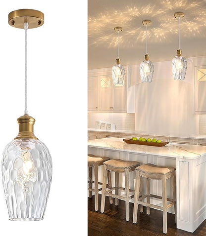 Gold Pendant Lights Kitchen Island, 6.3”Clear Hammered Glass Pendant Lights, Blown Glass Farmhouse Pendant Light 1-Pack, Kitchen Hanging Light for Kitchen Island, Living Room, Cafe