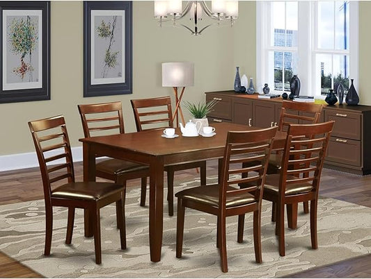 HomeStock 7-Piece Modern Dining Table Set with Rectangle Wooden Table (36x60 Inch) and 6 Dining Chairs in Mahogany, Stylish Dining Room Set