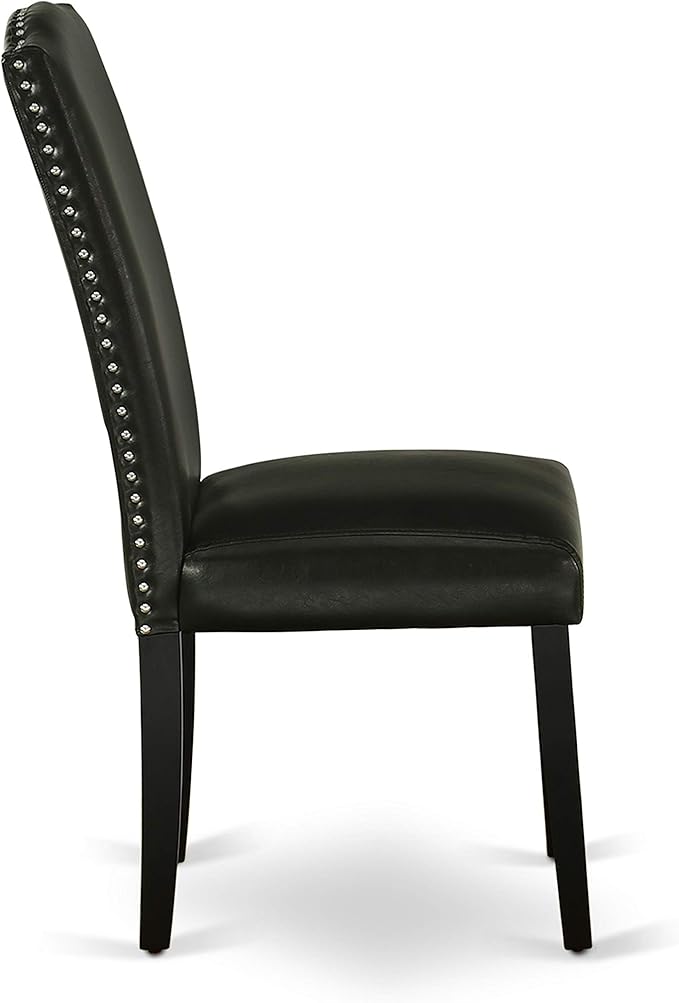 East West Furniture ENP1T69 Encinal Parson Dining Room Chairs - Nailhead Trim Black Faux Leather Padded Chairs, Set of 2, Black