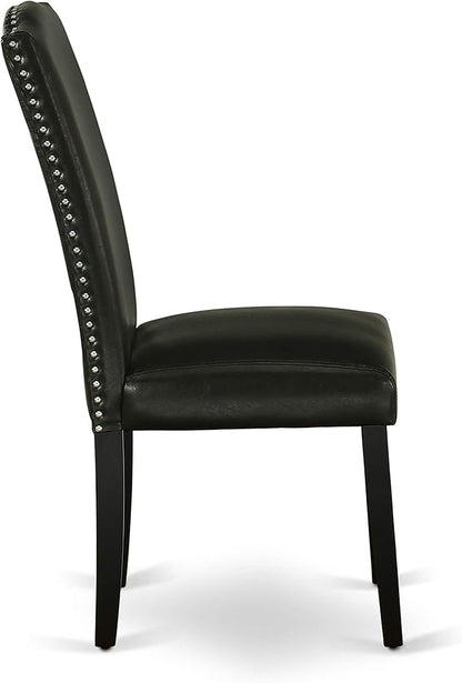 East West Furniture ENP1T69 Encinal Parson Dining Room Chairs - Nailhead Trim Black Faux Leather Padded Chairs, Set of 2, Black