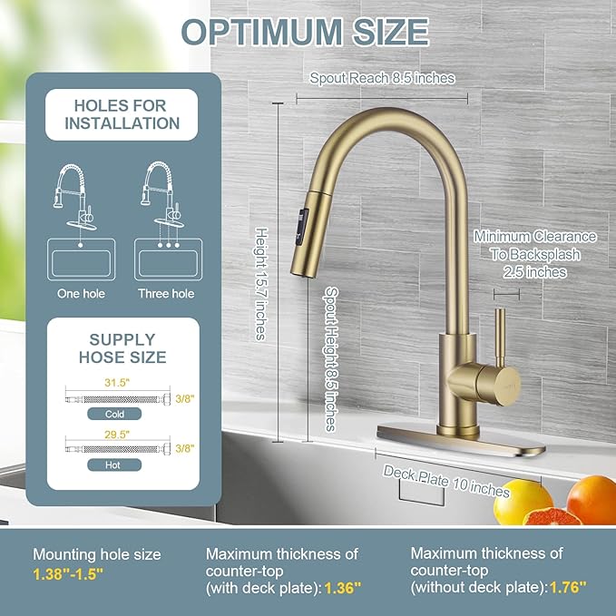 Gold Kitchen Faucets with Pull Down Sprayer, Single Handle High Arc Modern Stainless Steel Sink Faucet with Deck Plate, 1 or 3 Hole Deck Mount for RV, Bar, Farmhouse, Laundry, Outdoor