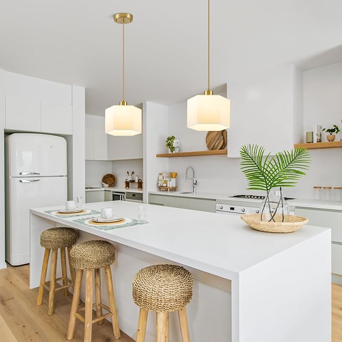 XSDeTu 1 Pack Milk Glass Pendant Lights Kitchen Island, Modern Gold Hanging Light Fixture, Mid-Century Hexagonal Ceiling Lamp, Mini Farmhouse Chandelier for Dining Room Sink Bathroom Bedroom Hallway