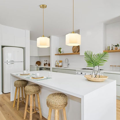 XSDeTu 1 Pack Milk Glass Pendant Lights Kitchen Island, Modern Gold Hanging Light Fixture, Mid-Century Hexagonal Ceiling Lamp, Mini Farmhouse Chandelier for Dining Room Sink Bathroom Bedroom Hallway