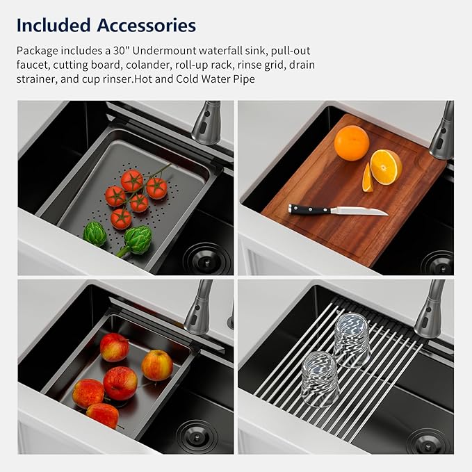 Logmey 30" Undermount Waterfall Sink with Pull-out Faucet & Temperature Control Knob,Nano PVD Gunmetal Black 30x17 Double Step Workstation Kitchen Sink,16 Gauge All in One Single Bowl Sinks