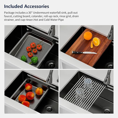 Logmey 30" Undermount Waterfall Sink with Pull-out Faucet & Temperature Control Knob,Nano PVD Gunmetal Black 30x17 Double Step Workstation Kitchen Sink,16 Gauge All in One Single Bowl Sinks