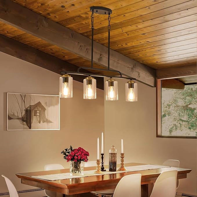 TWIG Kitchen Island Light Fixture/Chandelier Over Table,Farmhouse Modern Metal Hanging Light Fixtures for Dining Room with 4 Glass Shade