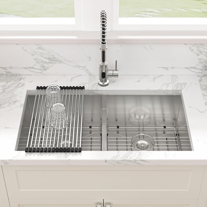 Sarlai Undermount Kitchen Sink - 36 Inch Kitchen Sink Double Bowl 50/50 Low Divide Undermount 36x19 Under-mount Sink Stainless Steel 16 Gauge Rectangular Kitchen Sinks Basin with Accessories