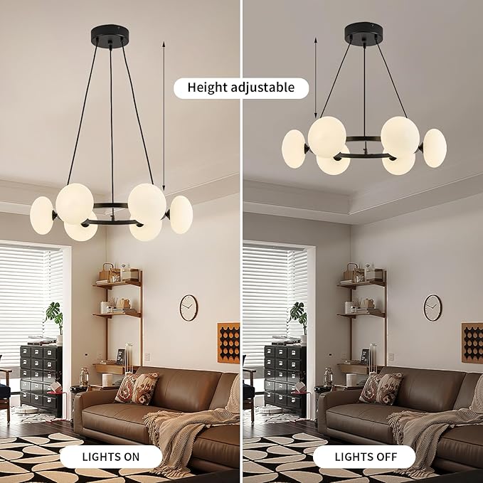 Black Wagon Wheel Chandelier, 6-Light Globe Chandelier, Mid Century Dining Room Light Fixture with Milk Glass Shades
