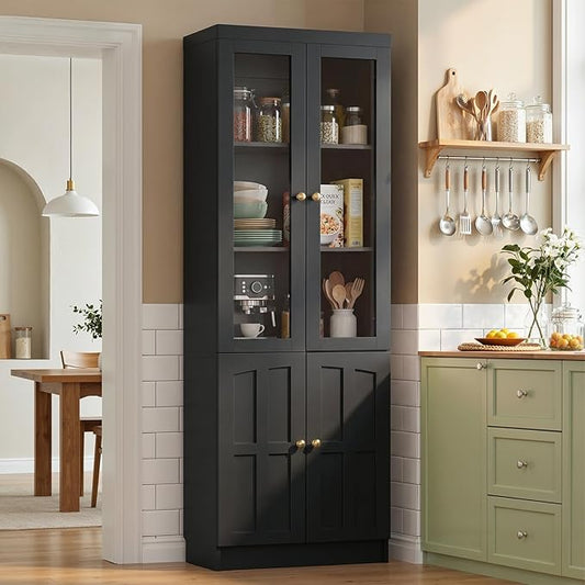 Cyclysio Kitchen Pantry Cabinet, 80" Wood Pantry Storage Cabinet with Doors and Adjustable Shelves, Kitchen Cabinet with Thickened Top Panel, Tall Cabinet for Livingroom, Pantry, Bathroom (1, Black)