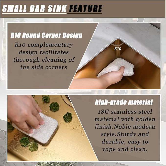 14 Inch Gold Bar Sink Undermount,14x19 Gold Bar Sink Undermount Small Stainless Steel Kitchen Sinks 18 Gauge Single Bowl Kitchen Prep Sinks with Drain Strainer
