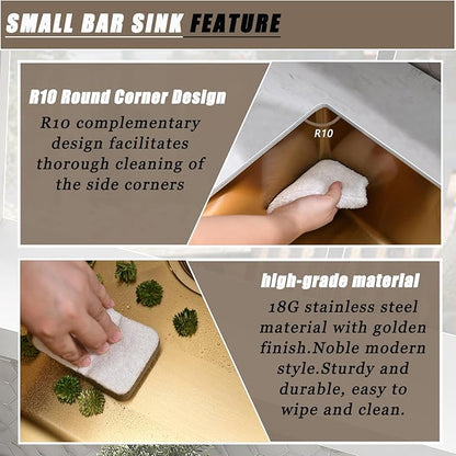 14 Inch Gold Bar Sink Undermount,14x19 Gold Bar Sink Undermount Small Stainless Steel Kitchen Sinks 18 Gauge Single Bowl Kitchen Prep Sinks with Drain Strainer
