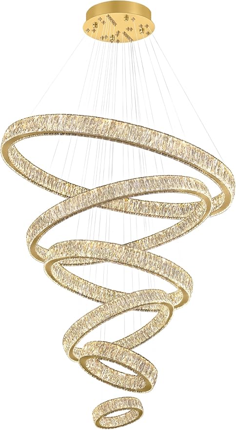 Extra Large Ring Chandelier Modern LED Gold 6 Ring Chandelier for High Ceiling Long Stair Crystal Chandeliers D8+15.7"+23.6"+31.5"+39.4"+47.5"
