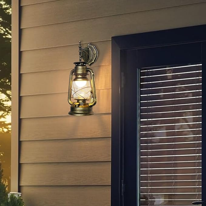 Retro Antique Vintage Rustic Wall Sconce, Lighting Lantern Mounted Light with Glass Indoor Light Fixture, Cabin Decor Lampshade for Hallway Farmhouse Loft (Cyan Bronze)