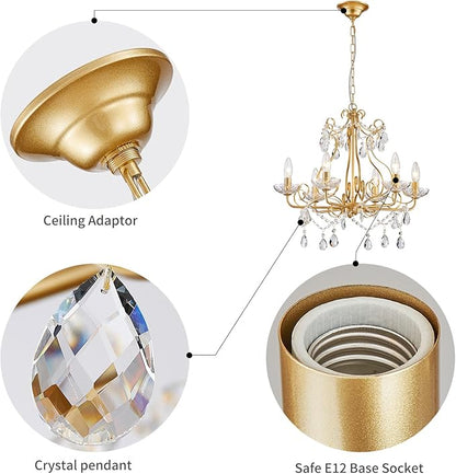 WUZUPS Crystal Candle Chandelier Pendant Flushmount Ceiling Light Modern Lighting Fixture for Bedroom Hallway Bar Kitchen Bathroom, H 22.5" x W 21.7", Gold, E12 Base