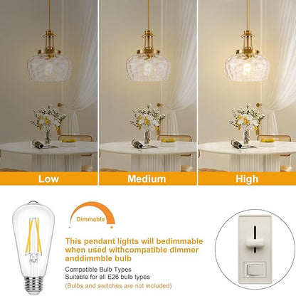 Modern Pendant Lights Kitchen Island, Brushed Gold Pendant Light Fixtures with 10" Clear Hammered Glass Shade, Industrial Hanging Pendant Lights Fixture for Kitchen Island Dining Room Bedroom Entryway