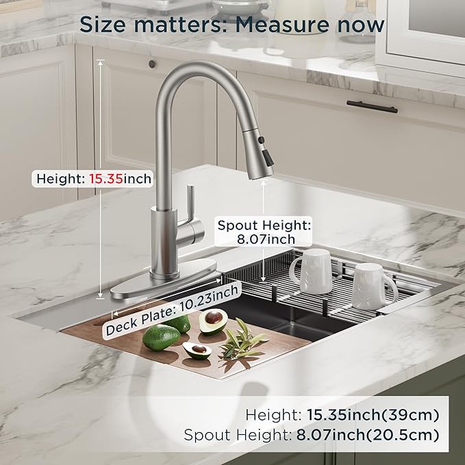 QFN Kitchen Faucet with Pull Down Sprayer Brushed Nickel, High Arc Single Handle Single Level Stainless Steel Pull Out Sink Faucet for Farmouse Camper RV Bar, Fit for 1 or 3 Hole
