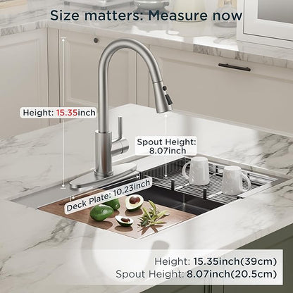 QFN Kitchen Faucet with Pull Down Sprayer Brushed Nickel, High Arc Single Handle Single Level Stainless Steel Pull Out Sink Faucet for Farmouse Camper RV Bar, Fit for 1 or 3 Hole