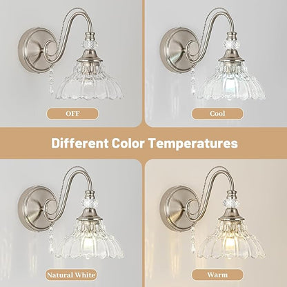 1 Piece Brushed Nickel Finish Wall Sconce, 1-Light Modern Wall Sconce with Hanging Crystal Accents and Flower-Shaped Clear Shades for Bathroom Bedroom Living Room,Modern Vanity Light