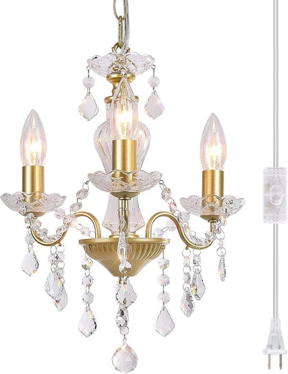 Plug in Modern 3-Light Gold Chandelier with Glass Crystals, Candle Style Pendant Light Fixtures for Living Room, Girls Room, Kitchen Island, Entryway