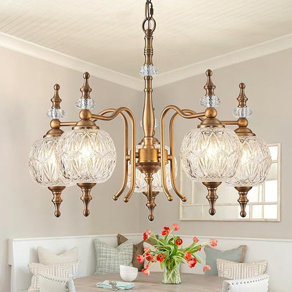 Chandeliers Vintage 5 Lights Brass Glass Pendant Lighting Fixtures Rustic Style Chandelier Matte Brushed Antique Brass Finish with Crystal Glass Shade for Kitchen Island Farmhouse