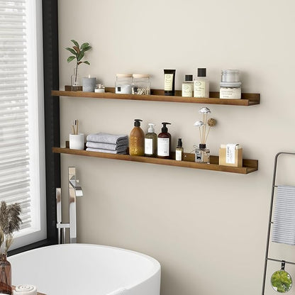 FLYJOE Picture Ledge Wall Shelves 48 inch Width Set of 2, Solid Pine Wood Rustic Floating Ledge Shelves for Wall for Kids' Room Bedroom Kitchen Bathroom Living Room Nursery Display Wall Decor, Walnut