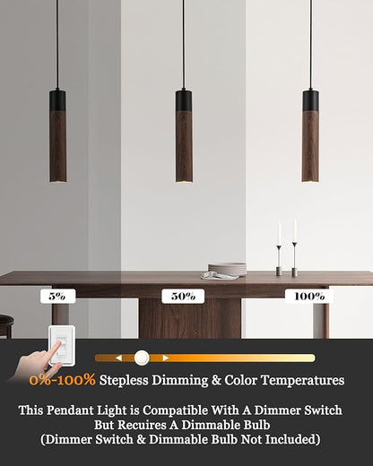 ELYONA LED Pendant Lights for Kitchen Island Walnut Wood Grain & Matte Black Metal, Modern Cylinder Pendant Light Fixtures for Dining Room Bedroom Office, GU10 Bulbs Included Adjustable Height, 3 Pack
