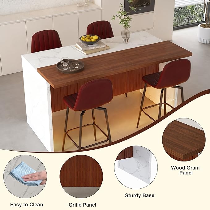 63" Modern Kitchen Island with Marble-Look Surface with 2/4 Bar Stools, Island Table with LED Lights, for Kitchen,Dining Room, Bar, Office, Living Room (White+4Dark Brown)