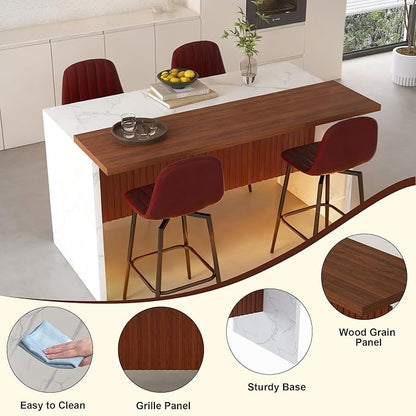 Runboll 63" Large Island Table Set with 4 Bar Stools, Modern Faux Marble Dining Table Set with Multi-Color LED Lights, Kitchen Island with Grille Design for Dining Room, Home, Office, Living Room