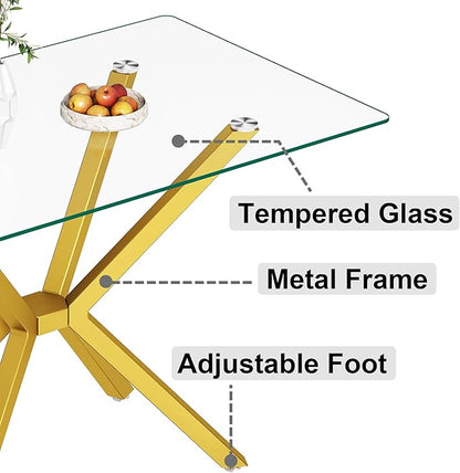 47-Inch Modern Dining Table for 4 - Small Gold Kitchen Table With 0.32" Rectangular Tempered Glass Top and Gold Metal Legs - Clear Glass for Dining Room