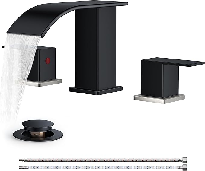 FORIOUS Black and Brushed Nickel Bathroom Faucets 3 Hole, Waterfall Square 8 Inch Widespread Bathroom Sink Faucet with Metal Pop-up Drain and Supply Lines, Two Handles for Vanity, RV, Farmhouse