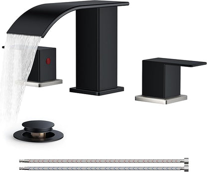 FORIOUS Black and Brushed Nickel Bathroom Faucets 3 Hole, Waterfall Square 8 Inch Widespread Bathroom Sink Faucet with Metal Pop-up Drain and Supply Lines, Two Handles for Vanity, RV, Farmhouse