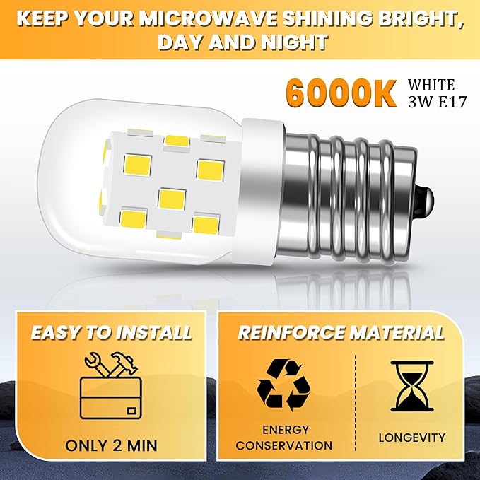 AMI PARTS E17 LED Light Bulb 3W Daylight White, 8206232A 40 Watt Appliance Bulb Incandescent Equivalent,for Microwave Light Bulbs Under Hood Refrigerators Oven (2 Packs 6000K Cool White) Non-dimmable