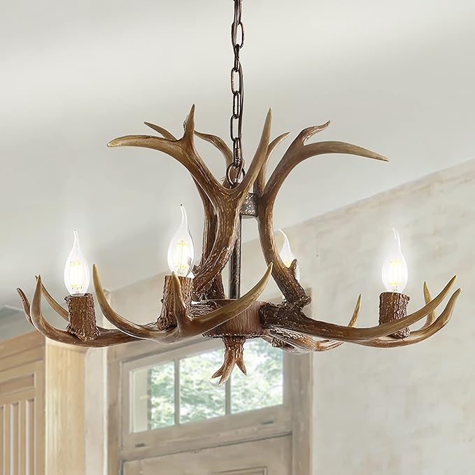 JONATHAN Y 26" Brown Rustic Resin Antler 4-Light LED Chandelier, Farmhouse Faux Deer Horn Hanging Ceiling Light for Dining Room, Kitchen Island, Adjustable Light Fixture JYL6301A