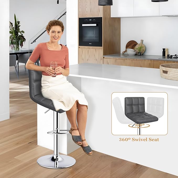 ERGOSEAT Bar Stools Set of 2, Armless Adjustable Swivel Barstools with Back, Double Needle PU Leather Counter Height Bar Stools for Kitchen Island, Grey