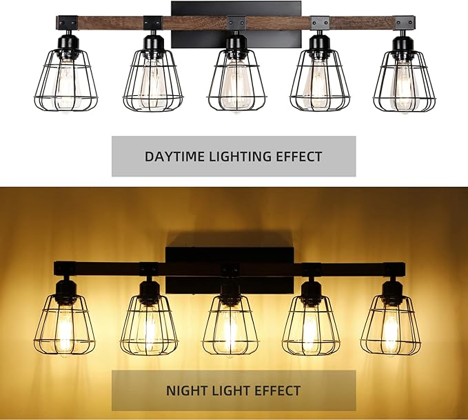 5 Lights Modern Wall Lighting Over Mirror,Bathroom Vanity Light Fixtures,Farmhouse Black Wood Metal Cage Industrial Wall Sconce