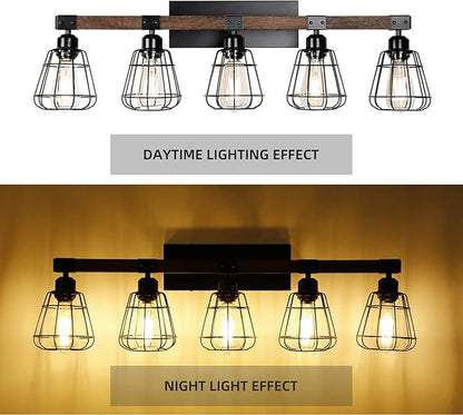 5 Lights Modern Wall Lighting Over Mirror,Bathroom Vanity Light Fixtures,Farmhouse Black Wood Metal Cage Industrial Wall Sconce