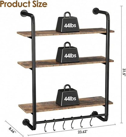 3 Tier Industrial Pipe Floating Shelf, 24" Kitchen Wall Shelves with Towel Bar & 6 Hooks, Coffee Bar Shelves Display Bookshelf Wall Shelf for Kitchen, Bathroom, Home Décor, Rustic Brown