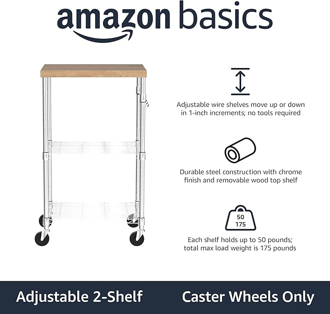Basics Portable Kitchen 3-Tier Storage Rack on Caster Wheels with Adjustable 2 Shelves, 175 Pound Capacity, 21 x 15 x 36.7 inches (LxWxH), Wood/Chrome