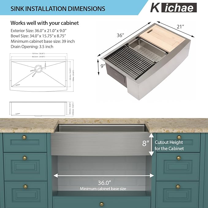 Kichae 36 Inch Farmhouse Kitchen Sink Ledge Workstation Apron Front Farmer Sink 16 Gauge Stainless Steel Single Bowl Handmade Under Counter Basin with Accessories