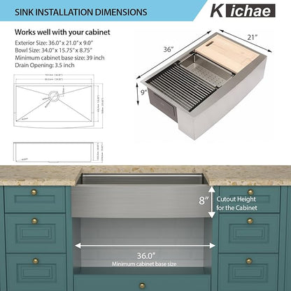 Kichae 36 Inch Farmhouse Kitchen Sink Ledge Workstation Apron Front Farmer Sink 16 Gauge Stainless Steel Single Bowl Handmade Under Counter Basin with Accessories