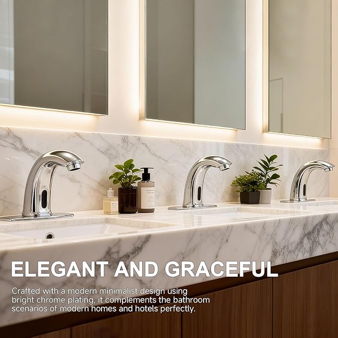 Automatic Touchless Bathroom Sink Faucet Bathroom Tap with Deck Plate, Battery or Plug-in Powered, Commercial Auto Motion Sensor Hot Cold Mixer Solid Brass Faucet, 1 Hole or 3 Hole, Chrome