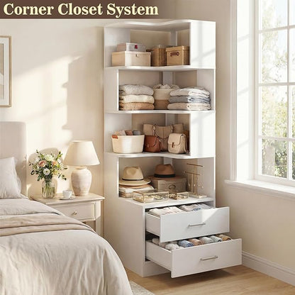 Armocity Corner Bookshelf with Drawers, 7 Tier Corner Book Shelf Display Bookcase, Freestanding L Shaped Bookshelf for Bedroom, Living Room, Home Office, White