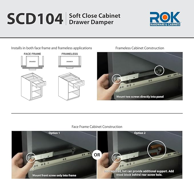 2-Pack Rok Hardware Soft Close for Wood Drawers/Soft Close Drawer Adapter/Add-On/Retrofit (Gray), SCD104G