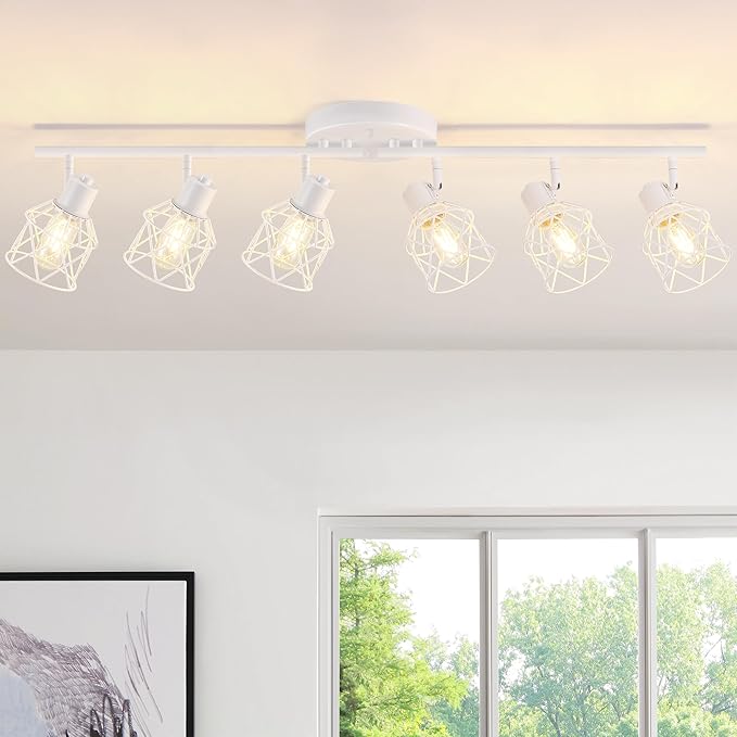Baocuz 6-Lights White Semi Flush Mount Ceiling Light with Geometric Metal Cage, Modern Kitchen Track Lighting Fixtures Ceiling, Rotatable Close to Ceiling lamp for Entryway, Living Room, Hallway