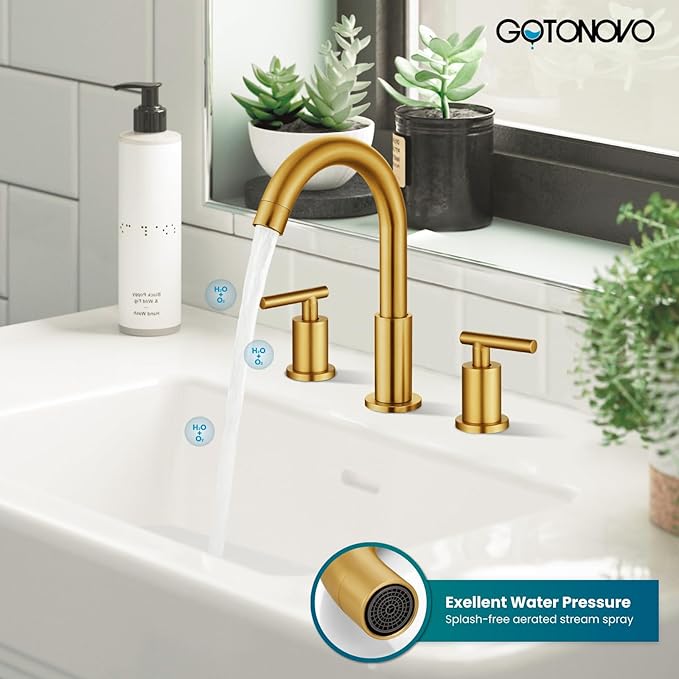 gotonovo 3 Hole 2 Handles Lavatory Basin Bathroom Sink Faucet with Pop Up Drain with Hot and Cold Mixer Valves 8 Inch Widespread Bathroom Faucet Dark Gold