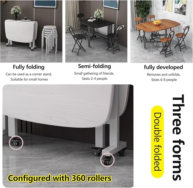 Wooden Foldable Kitchen Table with 6Wheels, Multifunction Table Drop Leaf Dining Table, Multifunction Expandable Folding Table for Small Spaces Kitchen, Bedroom, Living Room, Carbon Steel Pipe Bracket